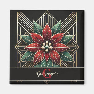 Personalized Retro Floral Art Deco Poinsettia Magnet