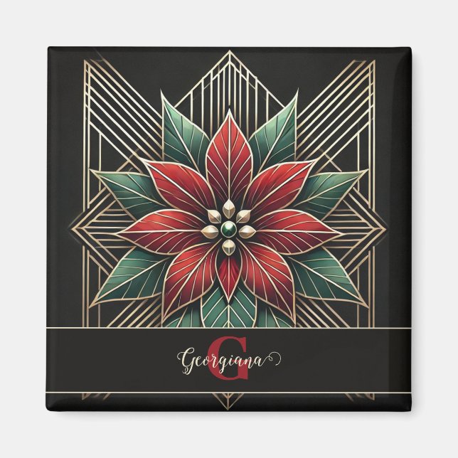 Personalized Retro Floral Art Deco Poinsettia Magnet (Front)