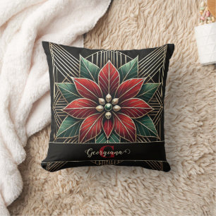 Personalized Retro Floral Art Deco Poinsettia Throw Pillow