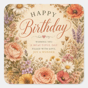 Personalized Retro Floral Birthday with flowers Square Sticker