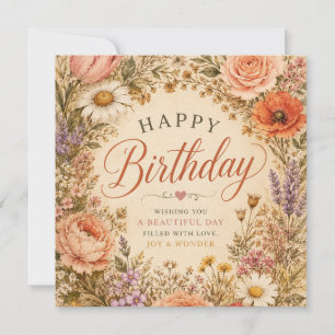 Personalized Retro Floral Birthday with flowers Thank You Card