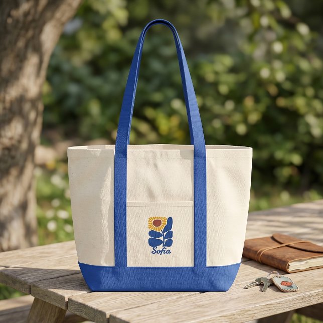 Personalized Retro Floral Daisy Custom Name Gift Tote Bag (Creator Uploaded)