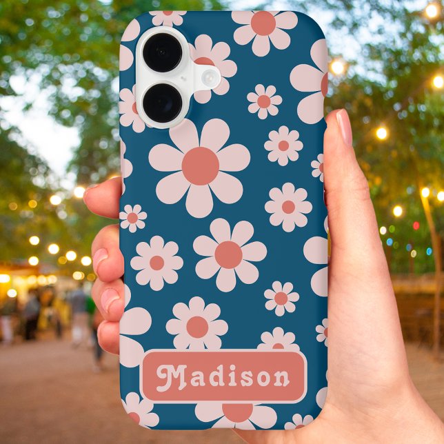Personalized Retro Floral Daisy Navy Blue Orange (Retro groovy floral navy blue and orange custom name iPhone case)