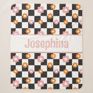 Personalized Retro Floral Pink and Orange Sherpa Blanket