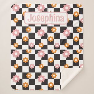 Personalized Retro Floral Pink and Orange Sherpa Blanket
