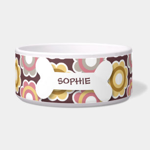 Personalized retro flowers dog bone pet food bowl