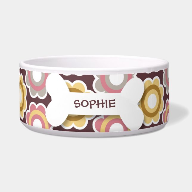 Personalized retro flowers dog bone pet food bowl (Front)