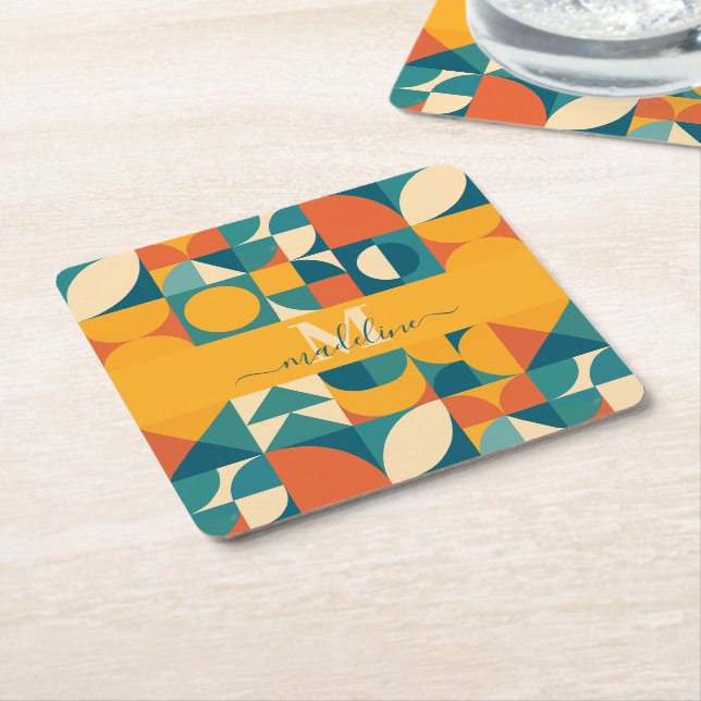 Personalized Retro Geometric Colourful  Square Paper Coaster (Angled)