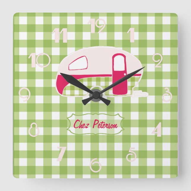 Personalized Retro Gingham Caravan Design Clock (Front)