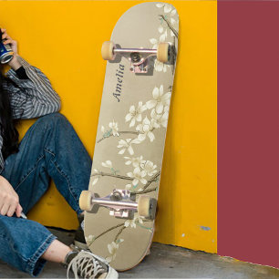 Personalized Retro Girly White Flowers Skateboard