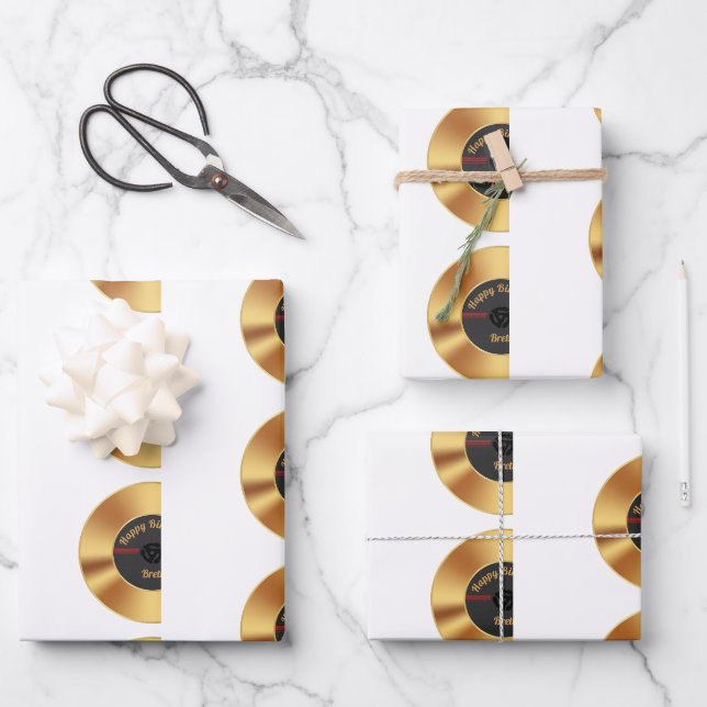 Personalized Retro Gold Vinyl Record  Wrapping Paper Sheet (Front)