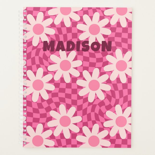 Personalized Retro Groovy Pink Daisy Flower Hippie Planner (Front)