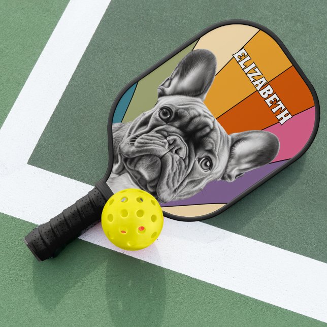Personalized Retro Groovy Rainbow French Bulldog Pickleball Paddle (Creator Uploaded)