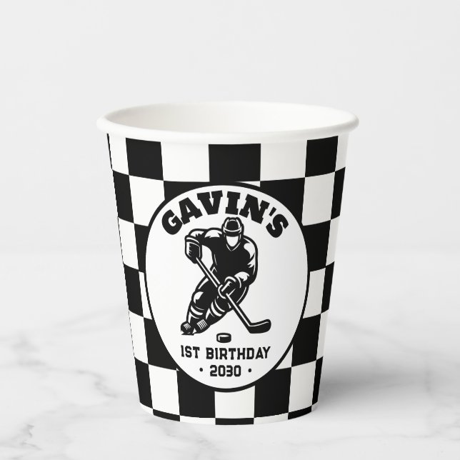 Personalized Retro Ice Hockey Birthday Party Paper Cups (Front)