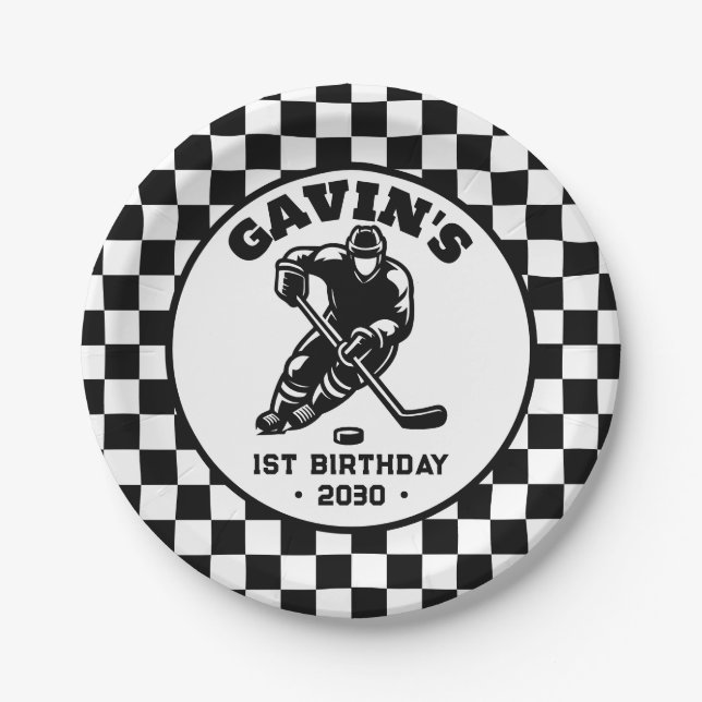 Personalized Retro Ice Hockey Birthday Party Paper Plate (Front)