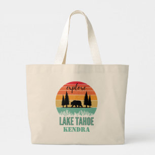 Personalized Retro Lake Tahoe California Bear Large Tote Bag