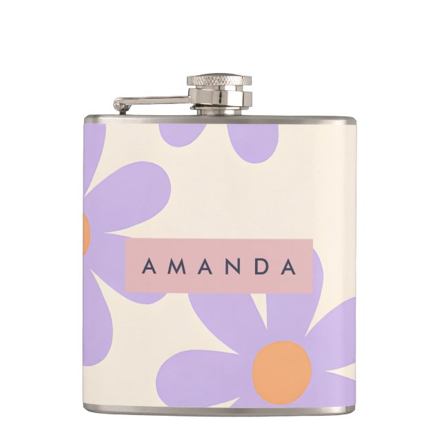 Personalized Retro Lavender Daisy Floral Hip Flask (Front)
