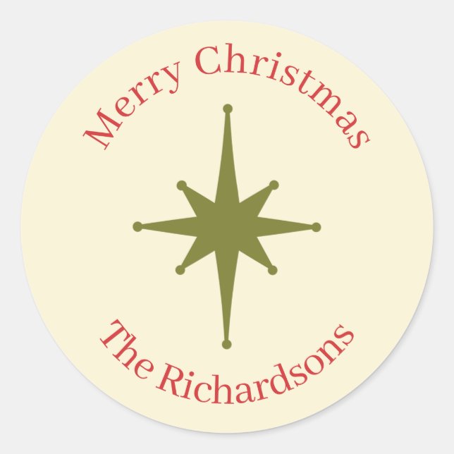 Personalized Retro Midcentury Christmas Red Green  Classic Round Sticker (Front)
