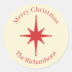 Personalized Retro Midcentury Christmas Red Star Classic Round Sticker