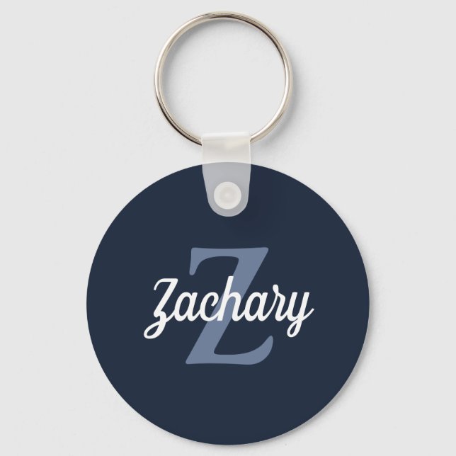 Personalized Retro Monogram Navy Blue White Keychain (Front)