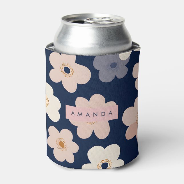 Personalized Retro Navy Blue Floral Blooms Can Cooler (Can Front)