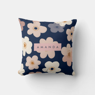 Personalized Retro Navy Blue Floral Blooms Throw Pillow