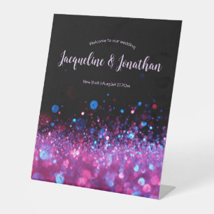 Personalized Retro Neon Pink Black Glitter Wedding Pedestal Sign