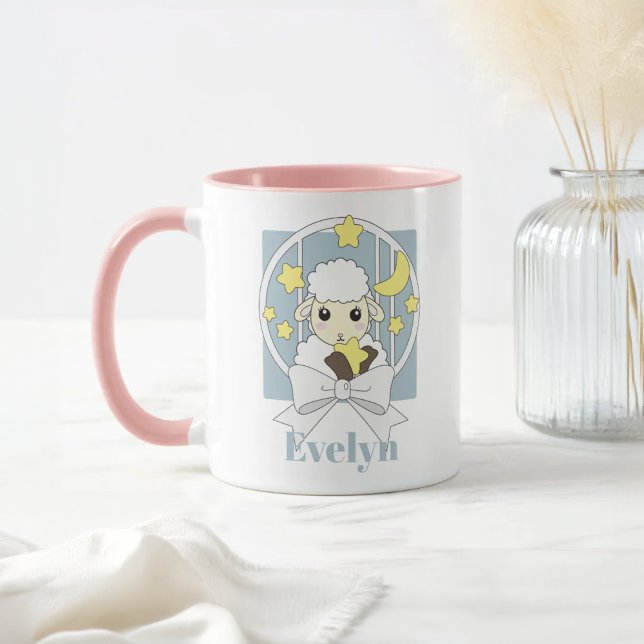 Personalized Retro Pastel Blue Cute Cartoon Lamb Mug (Creator Uploaded)