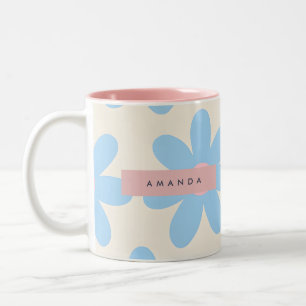 Personalized Retro Pastel Blue Daisy Floral Two-Tone Coffee Mug
