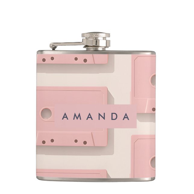 Personalized Retro Pastel Cassette Tape Vintage Hip Flask (Front)