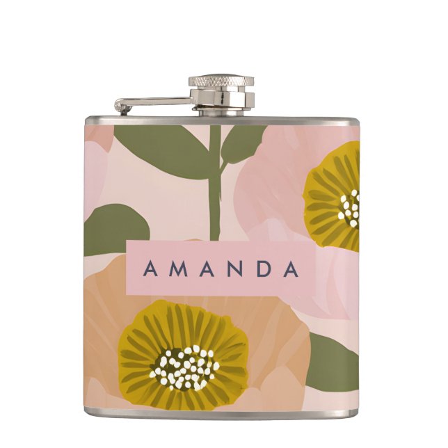 Personalized Retro Peach and Pink Floral Style Hip Flask (Front)
