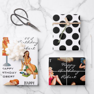 Personalized Retro Pin-Up Girls Wrapping Paper Sheet