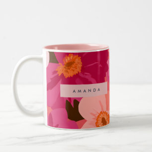 Personalized Retro Pink and Orange Floral Two-Tone Coffee Mug