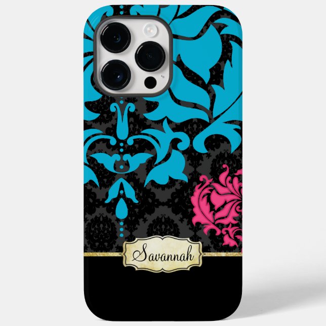 Personalized Retro Pink Aqua Black and Gold Case-Mate iPhone Case (Back)