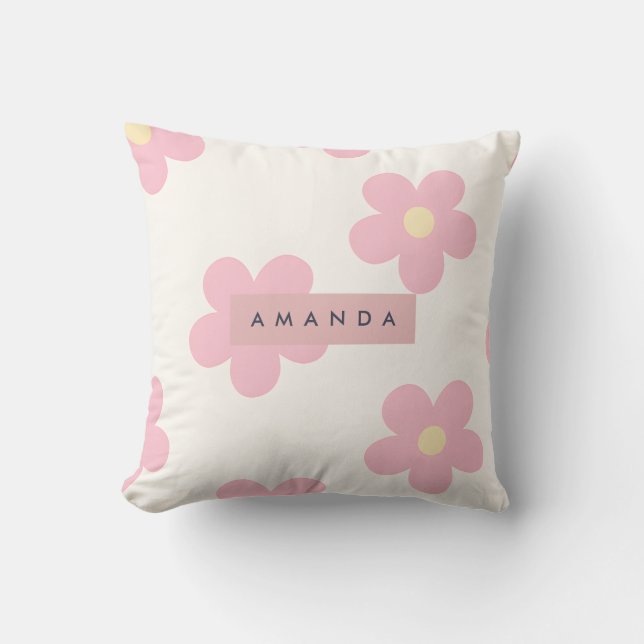 Personalized Retro Pink Daisy Flower Throw Pillow (Front)