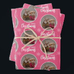 Personalized Retro Pink Merry Christmas 1 Photo Wrapping Paper Sheet<br><div class="desc">Celebrate the season with wrapping paper that’s as unique as your memories! These Personalized Retro Pink Merry Christmas 1 Photo Wrapping Paper Sheets feature your own photo framed in a festive circle design, set against a classic retro pink background with elegant white lettering. This cute holiday illustration complements the simple...</div>