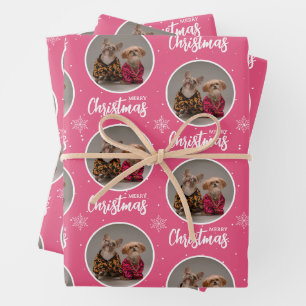 Personalized Retro Pink Merry Christmas 1 Photo Wrapping Paper Sheet