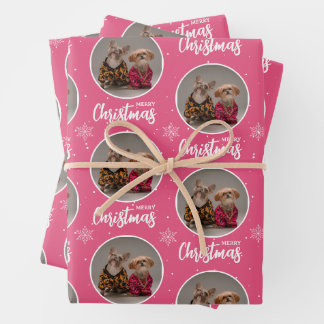 Personalized Retro Pink Merry Christmas 1 Photo Wrapping Paper Sheet