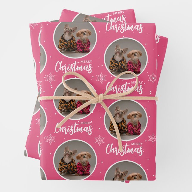Personalized Retro Pink Merry Christmas 1 Photo Wrapping Paper Sheet (In situ)