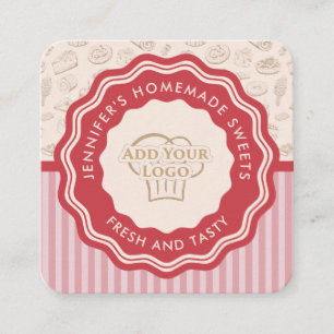 Personalized Retro Pink Stripes Bakery Logo Square Business Card
