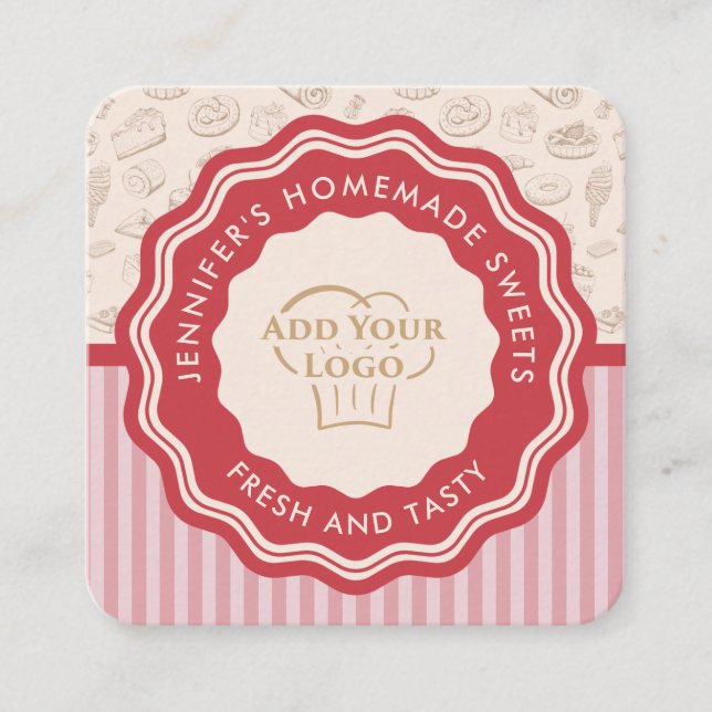 Personalized Retro Pink Stripes Bakery Logo Square Business Card (Front)