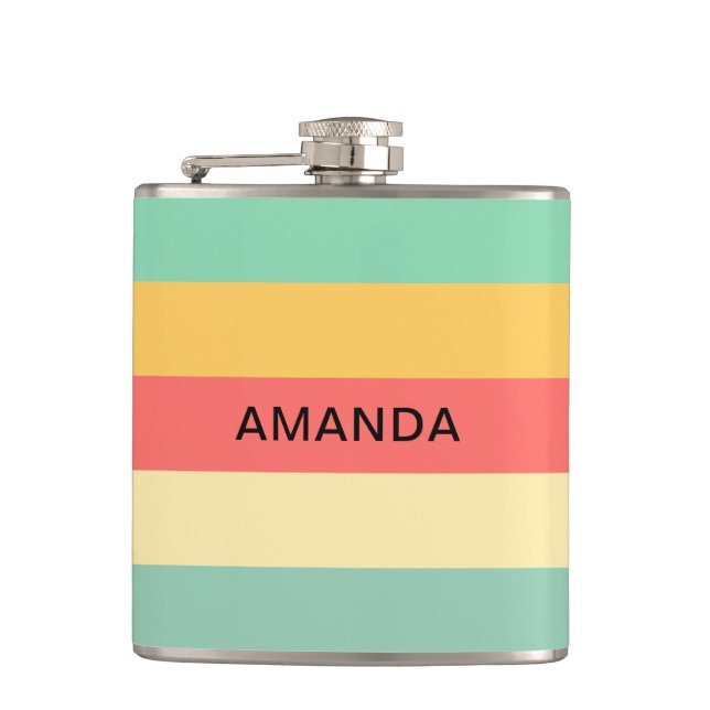 Personalized Retro Pink Yellow Green Blue Stripes Hip Flask (Front)