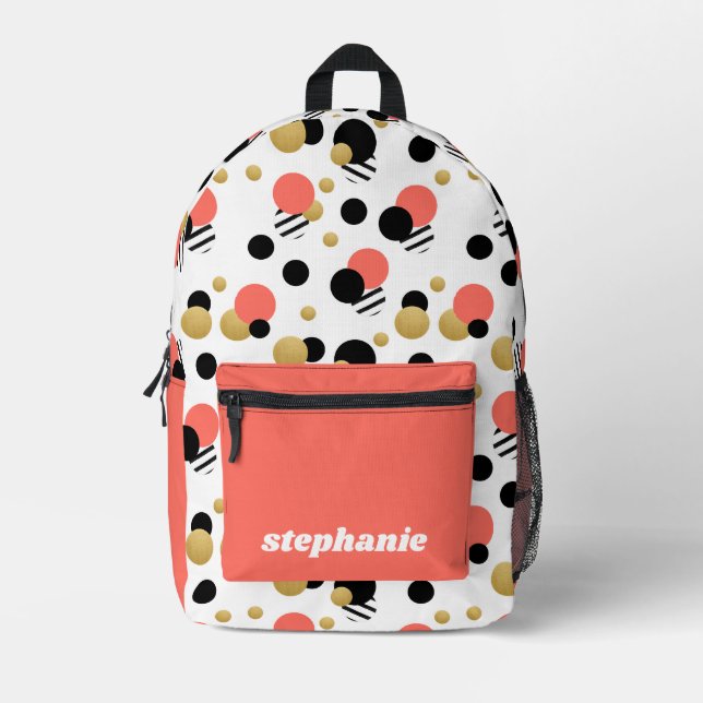 Personalized Retro Polka Dot Coral Printed Backpack (Front)