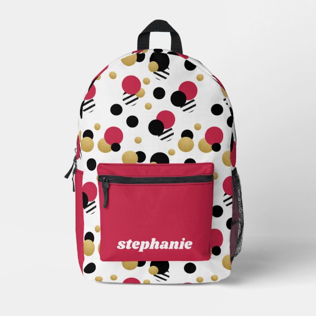 Personalized Retro Polka Dot Magenta Pink Printed Backpack (Front)
