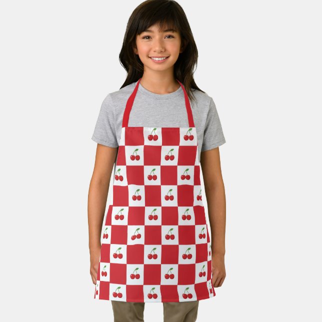Personalized Retro Red Cherry & Gingham Chequered  Apron (Insitu)