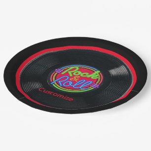 Personalized Retro Rock and Roll Vinyl Paper Plate