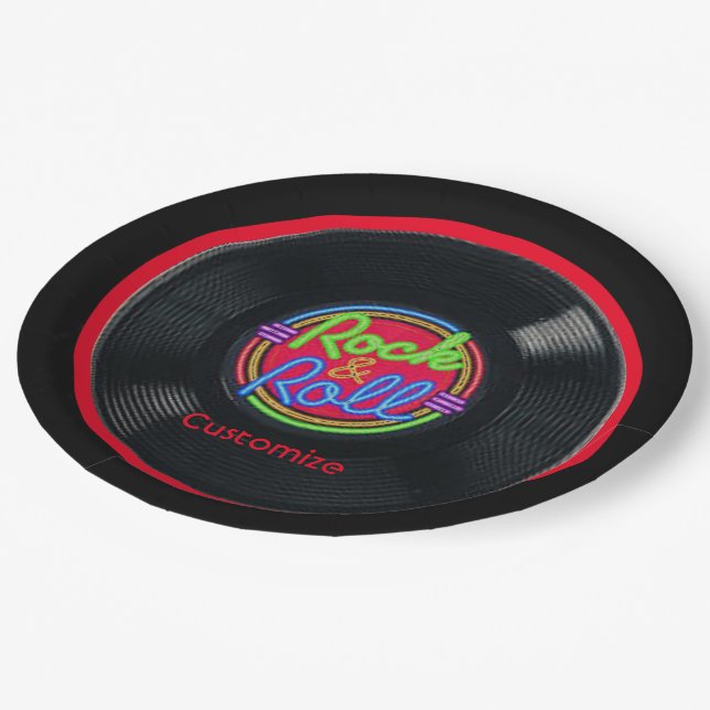 Personalized Retro Rock and Roll Vinyl Paper Plate (Angled)