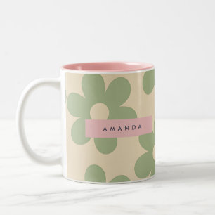 Personalized Retro Sage Green Daisy Flower Two-Tone Coffee Mug