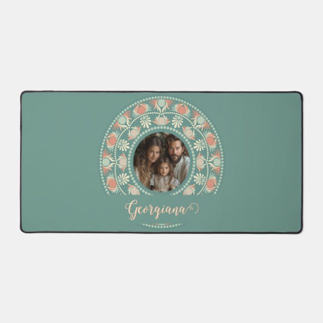 Personalized Retro Sage & Sand Mandala Photo Frame Desk Mat (Front)