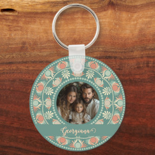 Personalized Retro Sage & Sand Mandala Photo Frame Keychain